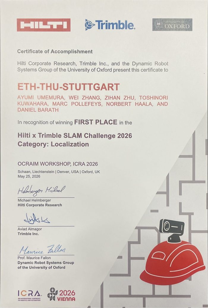 梅村歩さん（航空宇宙工学専攻 桒原研究室）が Hilti x Trimble SLAM Challenge 2026 Localization部門において優勝（26/6/5）